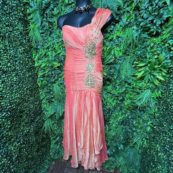 MAY QUEEN Dress Women 12 Orange Formal Mermaid Layered Hem Pleated Stoned 1650 - Picture 7 of 13